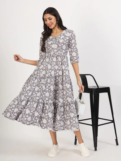Grey Cotton Floral Print Calf Length Dress