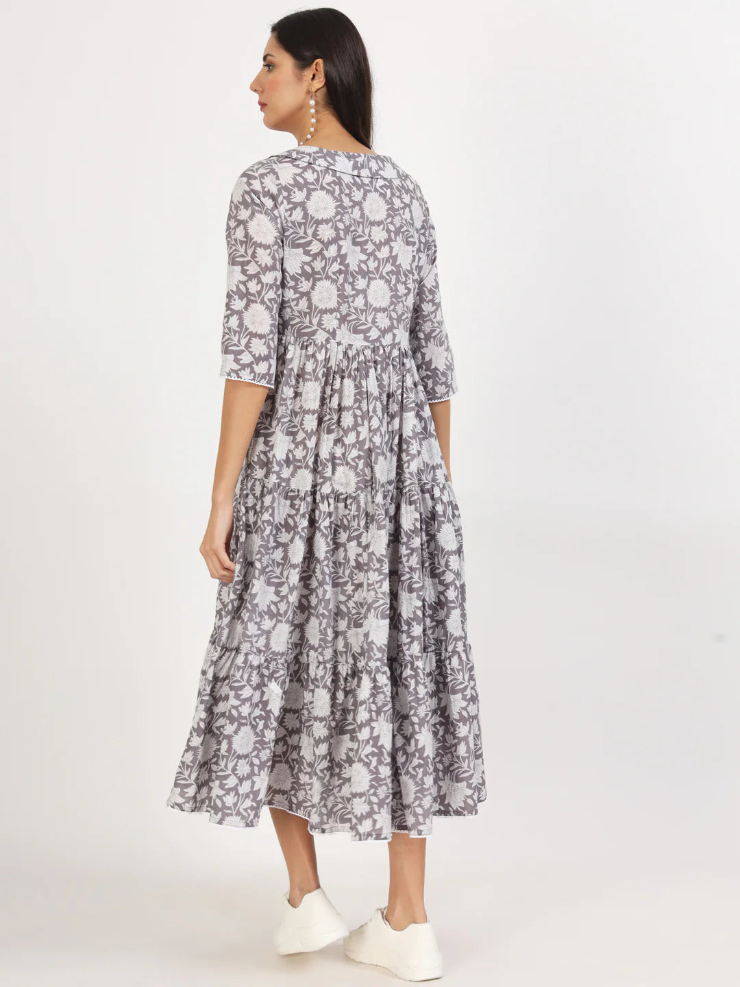 Grey Cotton Floral Print Calf Length Dress