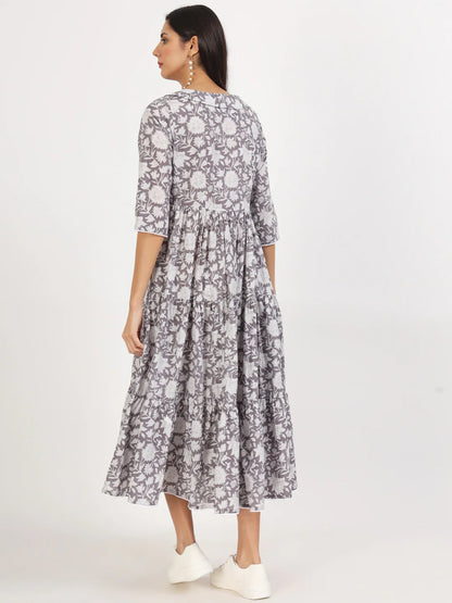 Grey Cotton Floral Print Calf Length Dress