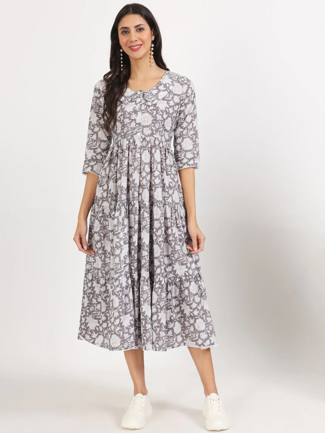 Grey Cotton Floral Print Calf Length Dress