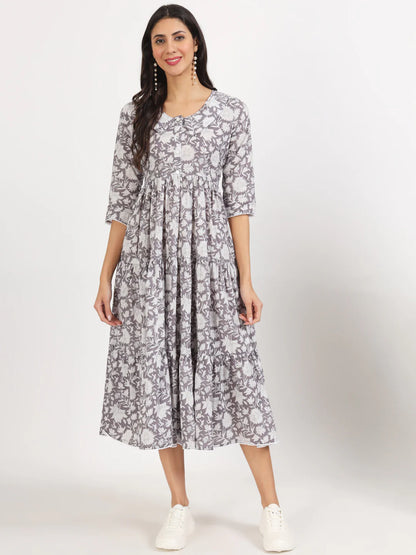 Grey Cotton Floral Print Calf Length Dress