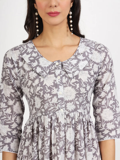 Grey Cotton Floral Print Calf Length Dress