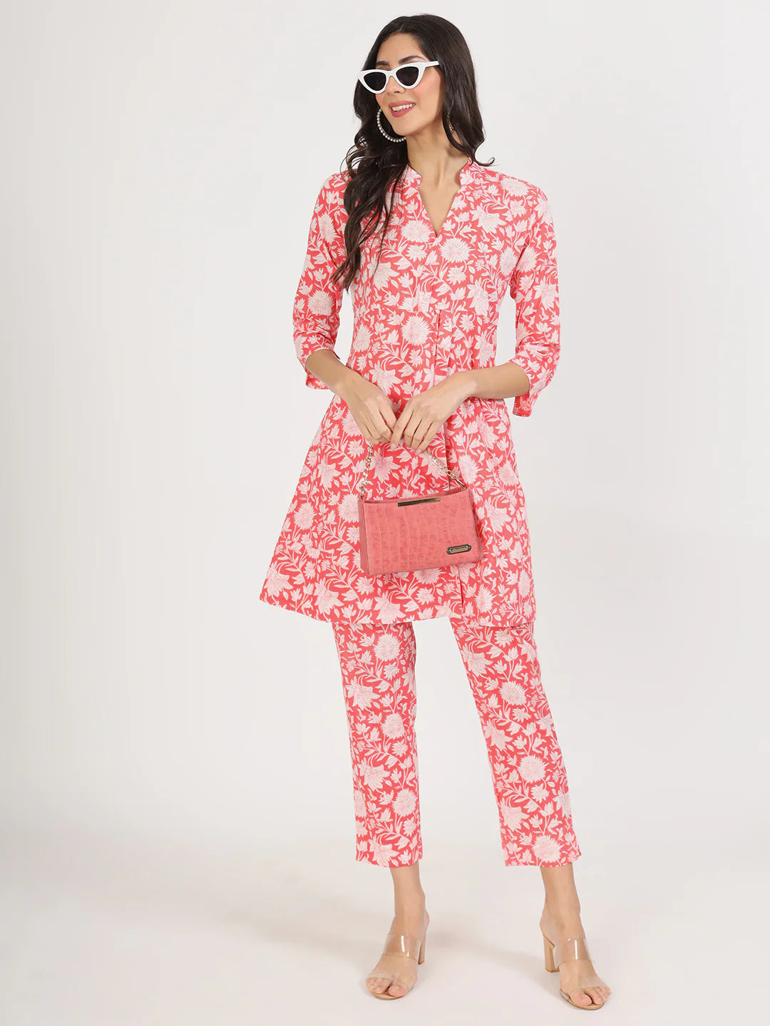 Pink Cotton Floral Print Ethnic Co-ord Set