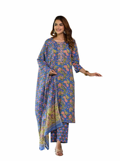 Blue Floral Print Cotton Straight fit Kurta Set