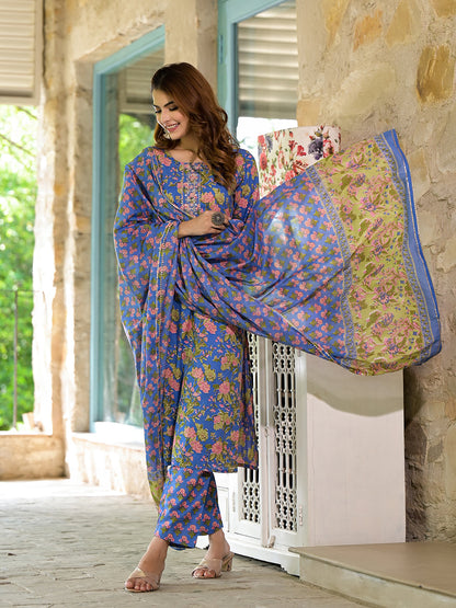 Blue Floral Print Cotton Straight fit Kurta Set