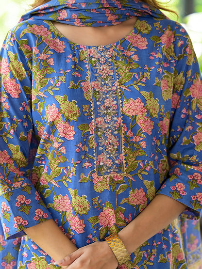 Blue Floral Print Cotton Straight fit Kurta Set