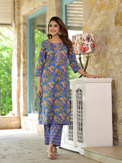 Blue Floral Print Cotton Straight fit Kurta Set