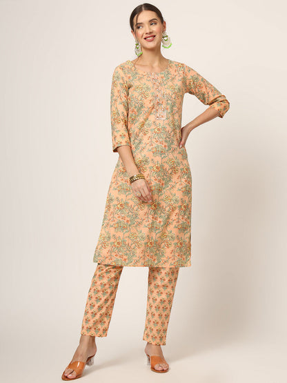 Peach Floral Print Cotton Straight fit Kurta Set