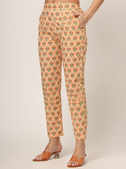 Peach Floral Print Cotton Straight fit Kurta Set