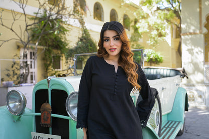 Black Solid Print Cotton Fabric  Shirt Kurta with Trouser