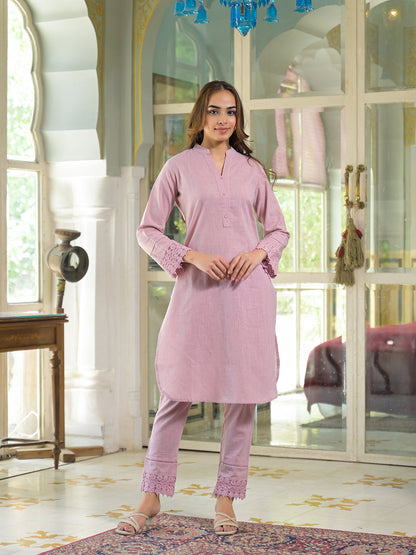 Pink Solid Cotton Straight Fit Lace Border Kurta with Trouser