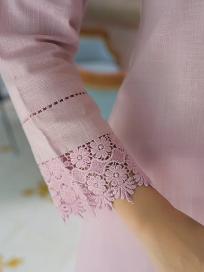 Pink Solid Cotton Straight Fit Lace Border Kurta with Trouser