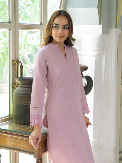 Pink Solid Cotton Straight Fit Lace Border Kurta with Trouser