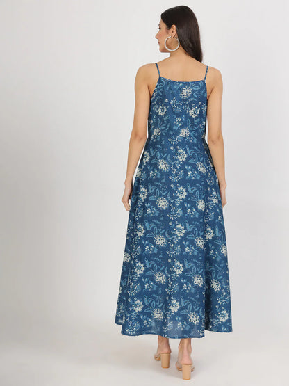 Cotton Indigo Blue Floral Print Straight Long Dress