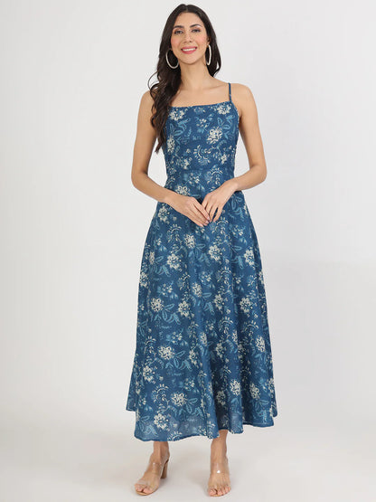Cotton Indigo Blue Floral Print Straight Long Dress