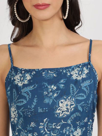 Cotton Indigo Blue Floral Print Straight Long Dress