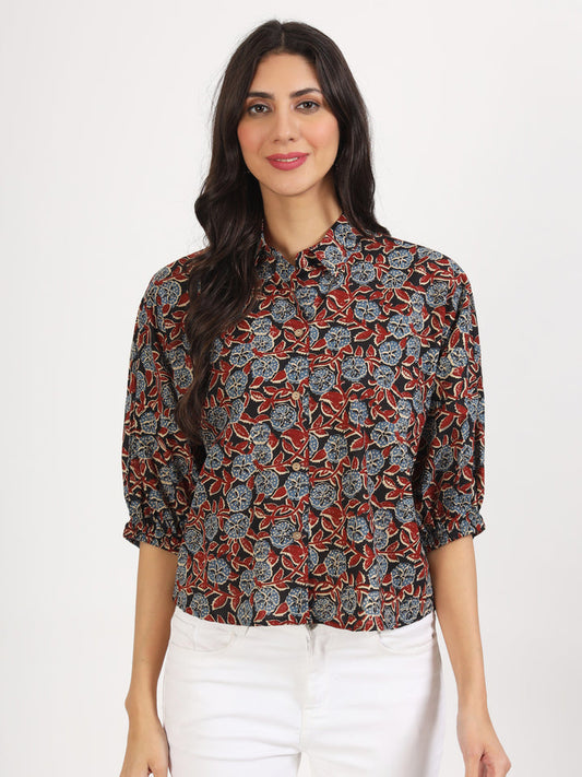 Black Floral Printed Cotton Tops