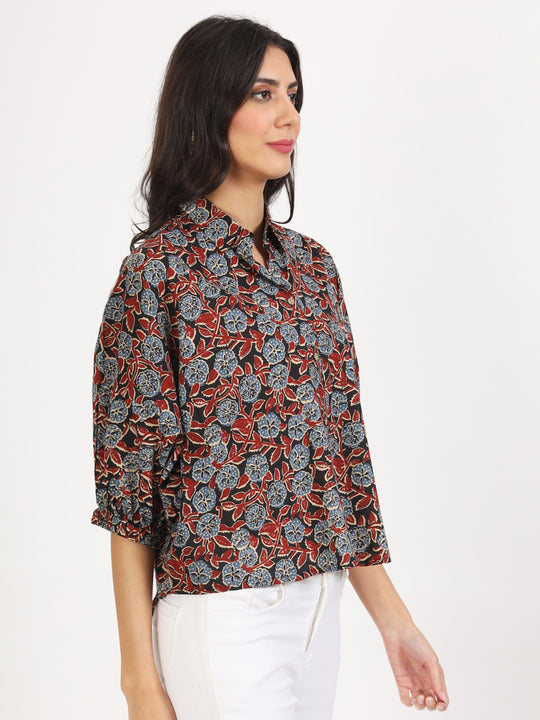 Black Floral Printed Cotton Tops