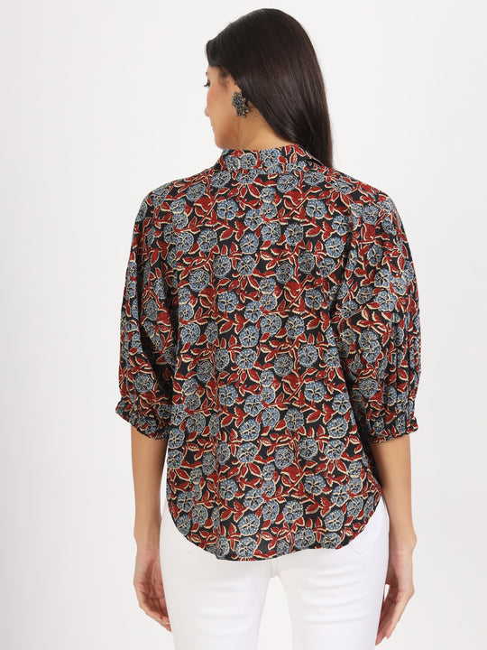 Black Floral Printed Cotton Tops