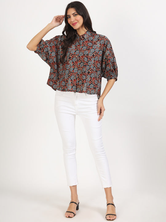 Black Floral Printed Cotton Tops