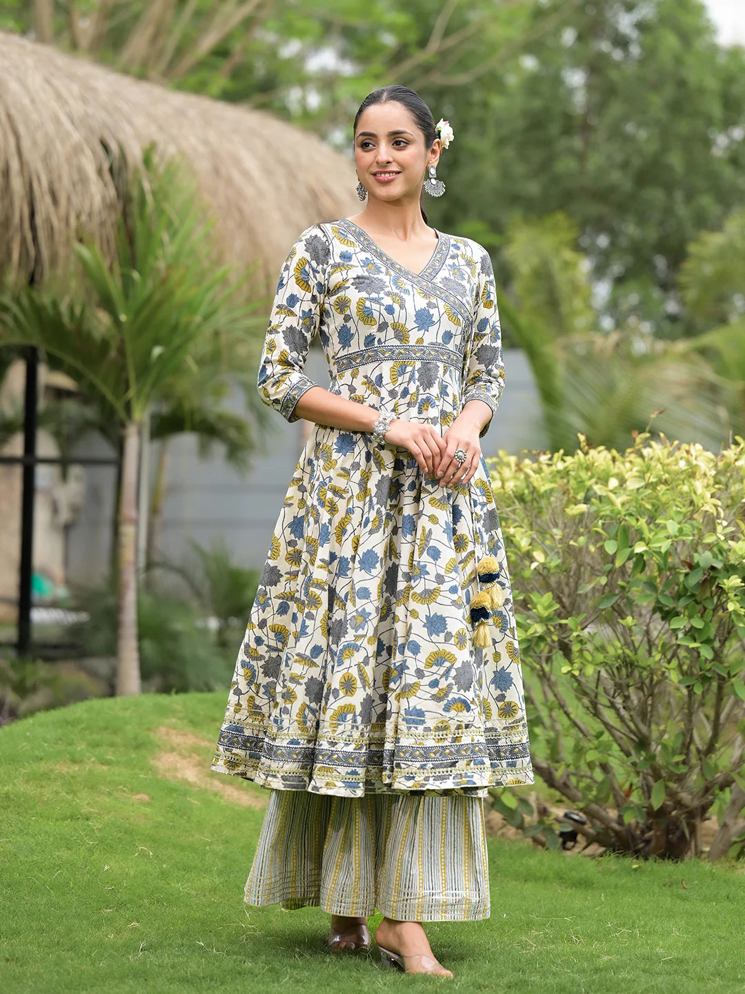 Off White Cotton Floral Print Ethnic Kurta Sharara Set
