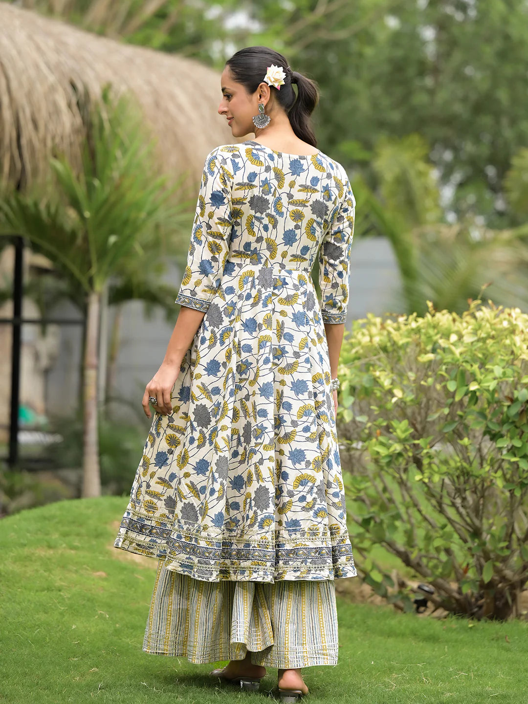 Off White Cotton Floral Print Ethnic Kurta Sharara Set