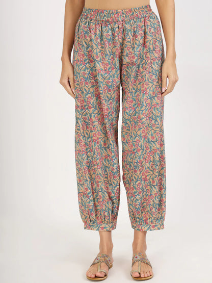 Beige Cotton Floral Printed Casual Co-ord Set