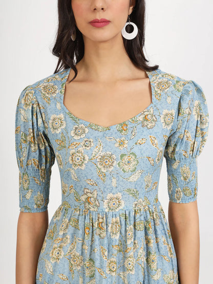 Sky Blue Cotton Floral Print Ethnic Calf Length Dress