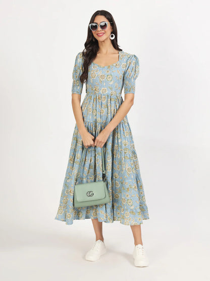Sky Blue Cotton Floral Print Ethnic Calf Length Dress