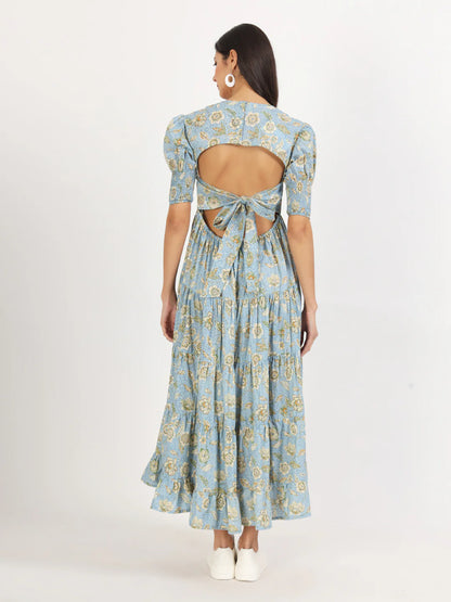 Sky Blue Cotton Floral Print Ethnic Calf Length Dress