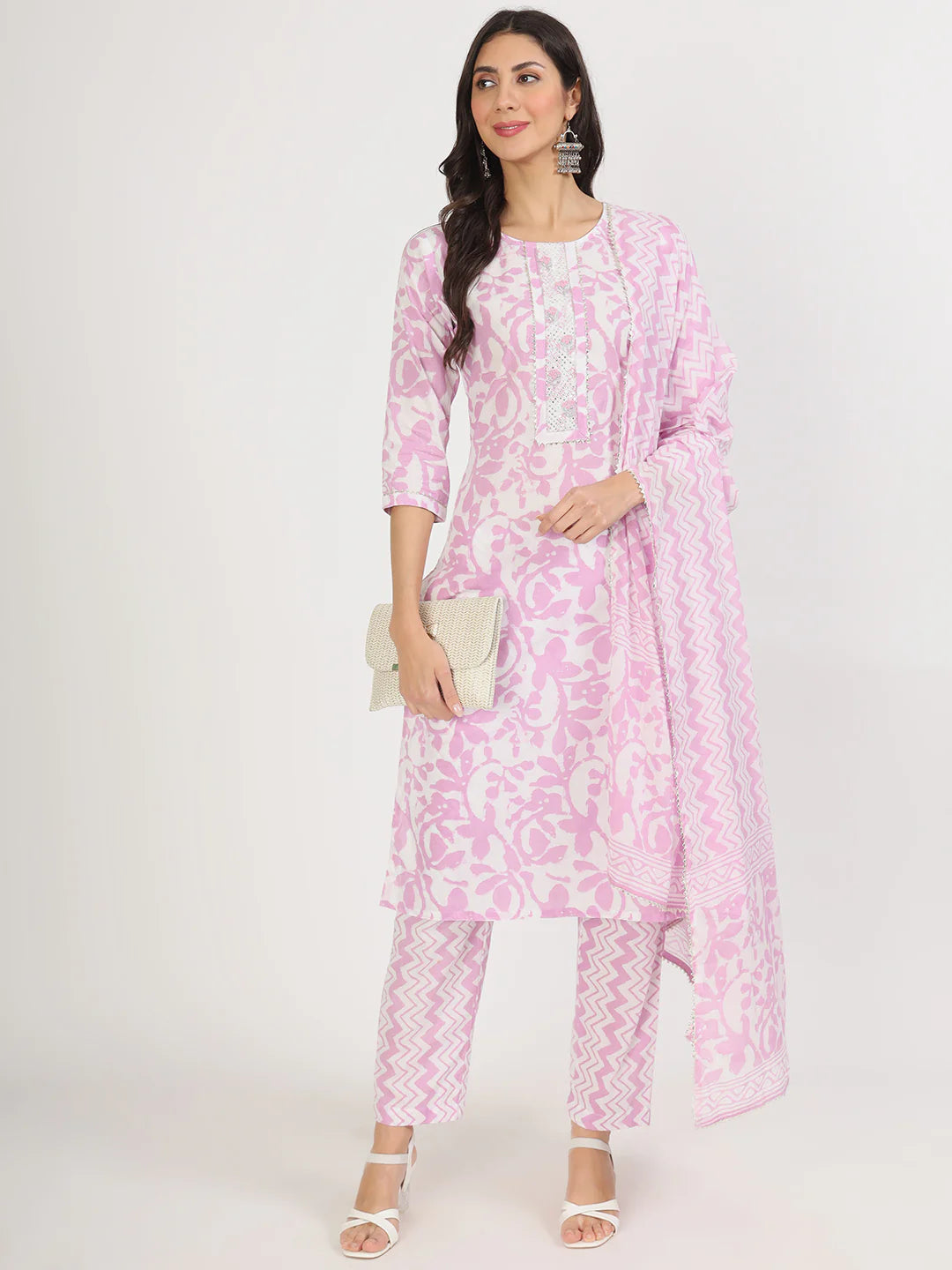 Purple Floral Print Cotton Straight Kurta Set