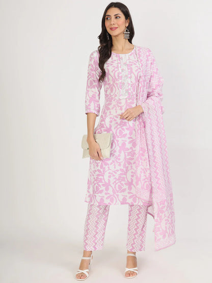 Purple Floral Print Cotton Straight Kurta Set