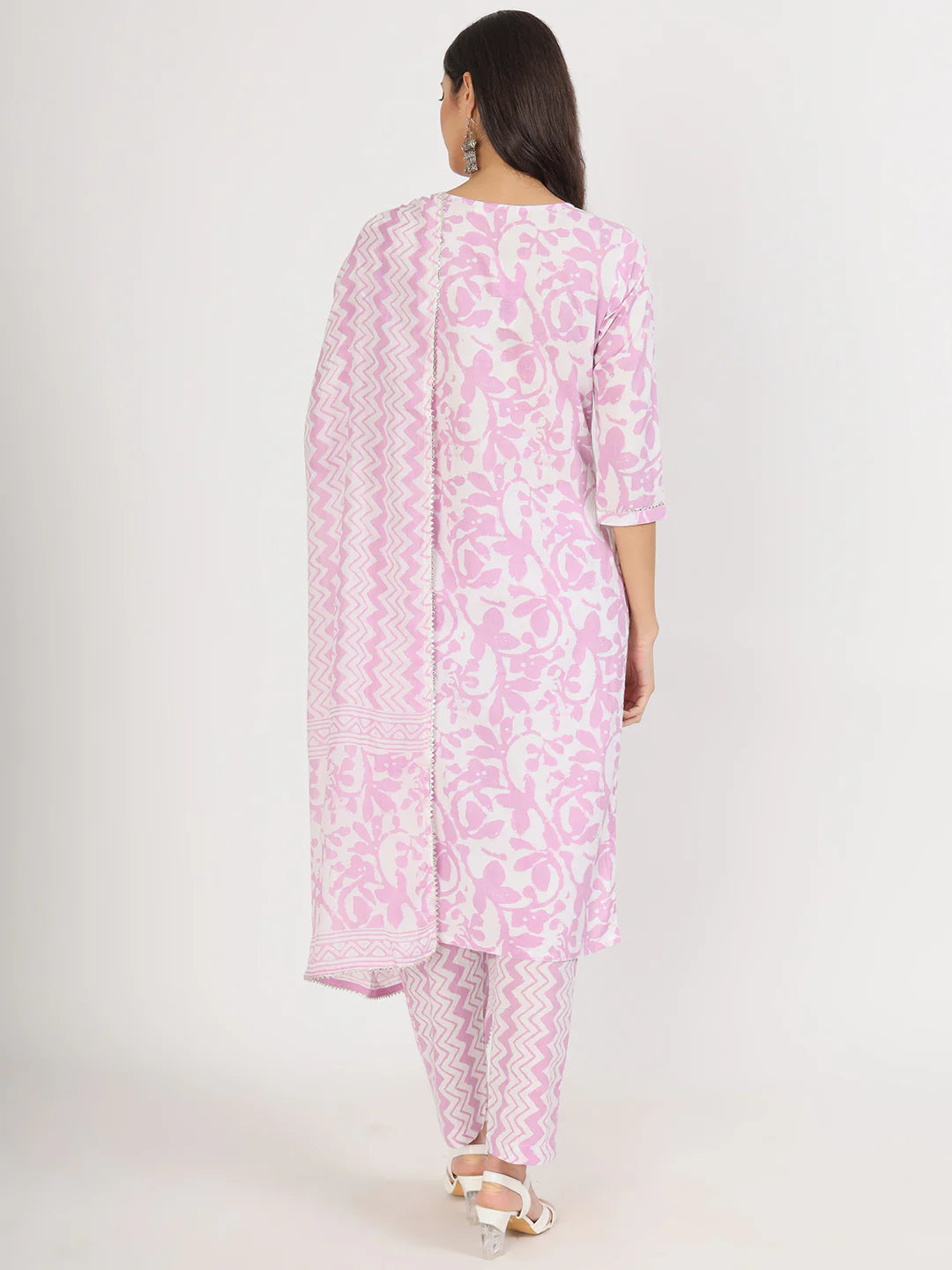 Purple Floral Print Cotton Straight Kurta Set
