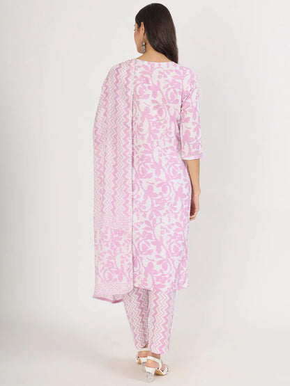 Purple Floral Print Cotton Straight Kurta Set