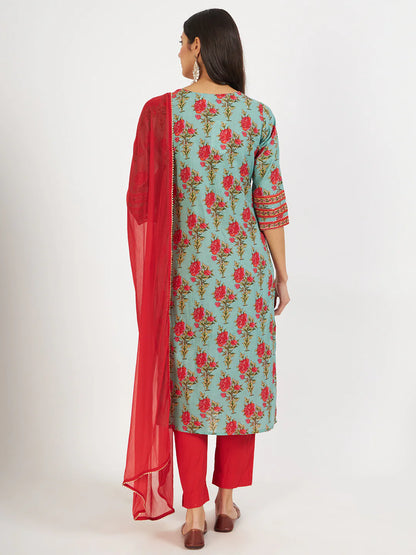 Green Floral Print Cotton Straight Ethnic Kurta Set