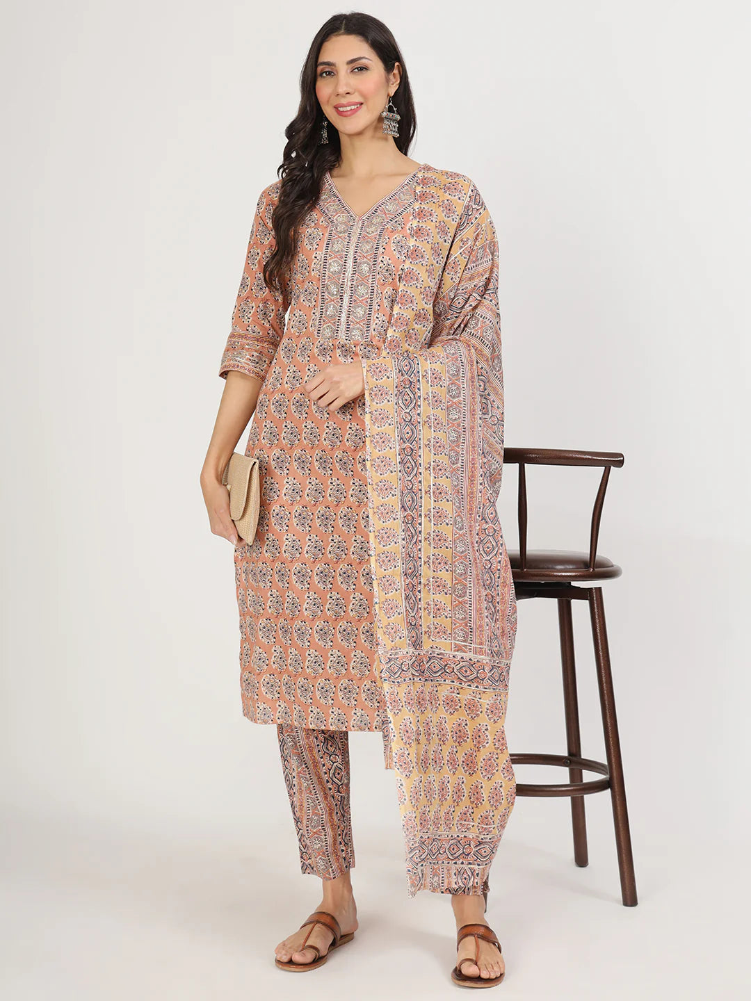 Brown Cotton Embroidered Ethnic Motif Print Kurta Sets