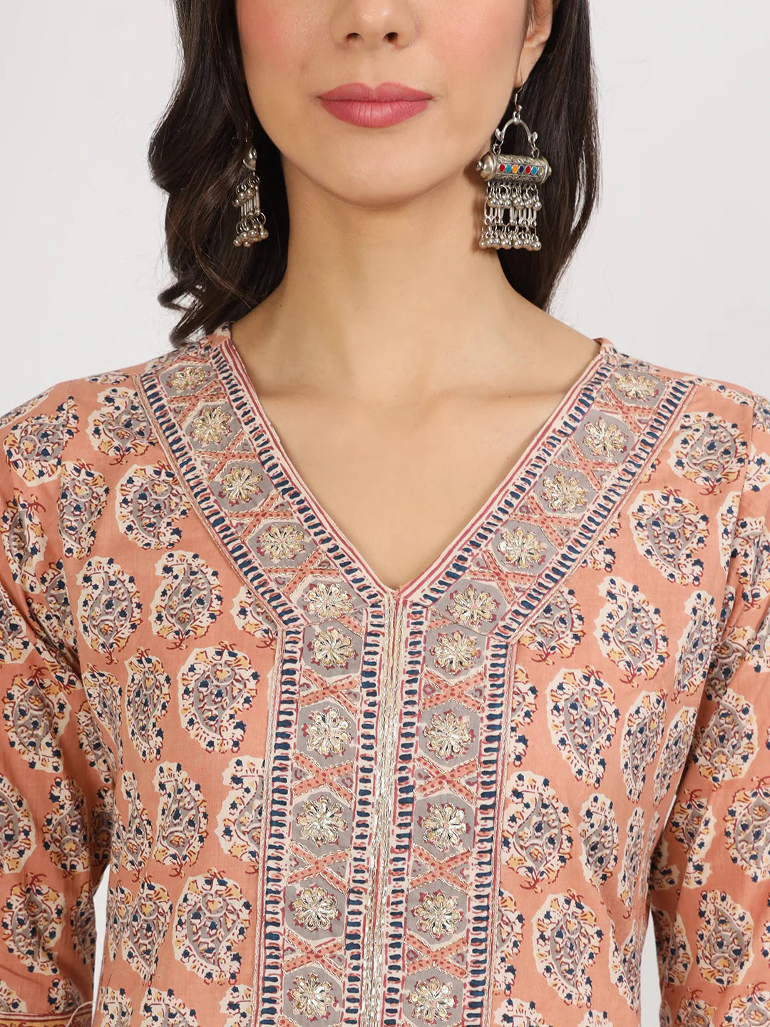 Brown Cotton Embroidered Ethnic Motif Print Kurta Sets