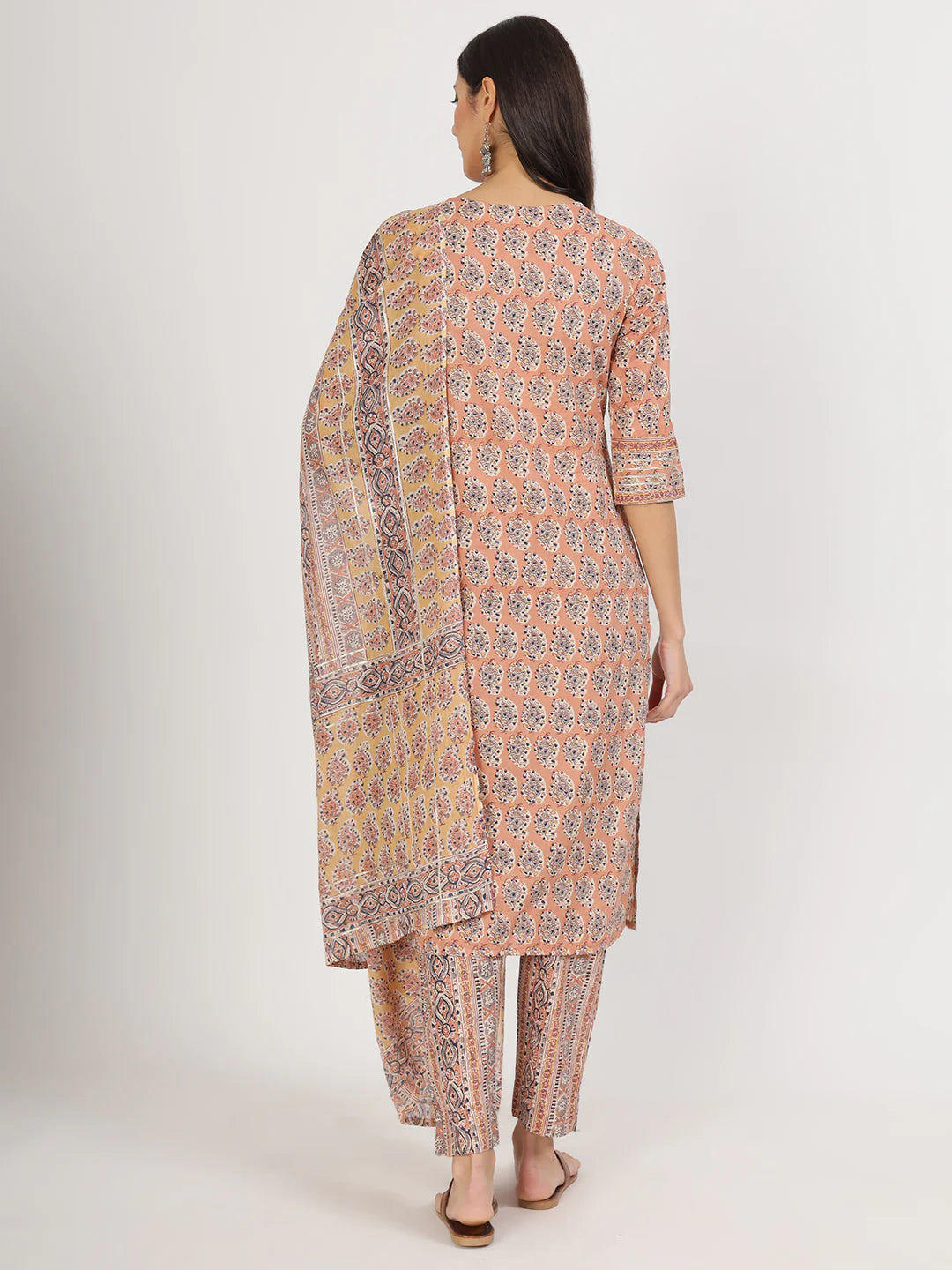 Brown Cotton Embroidered Ethnic Motif Print Kurta Sets