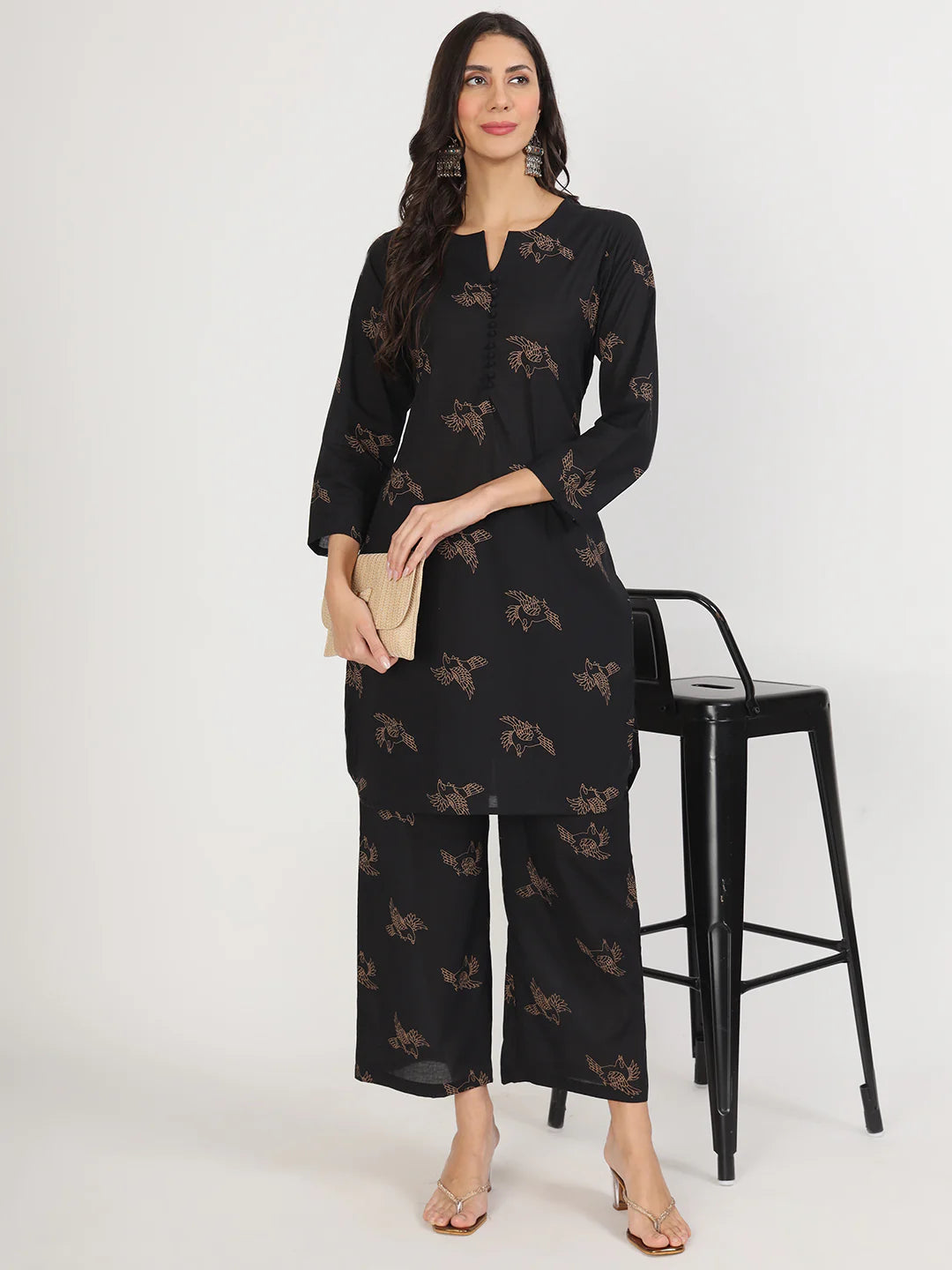 Balck Cotton Ethnic Print Trouser Co-ord Set