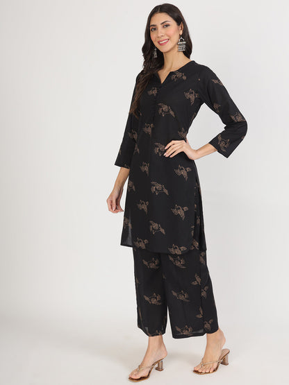 Black Printed Kurta with Trouser Co-Ord Set