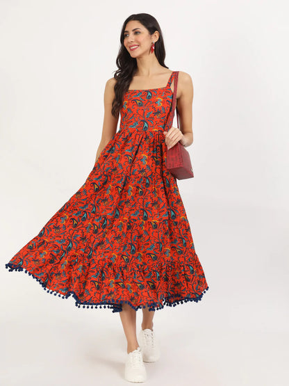 Red Cotton Floral Print Casual Knee Length Dress