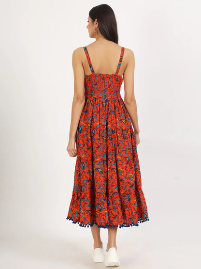 Red Cotton Floral Print Casual Knee Length Dress