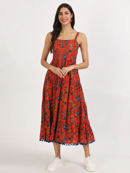 Red Cotton Floral Print Casual Knee Length Dress