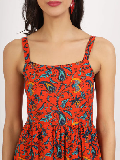Red Cotton Floral Print Casual Knee Length Dress