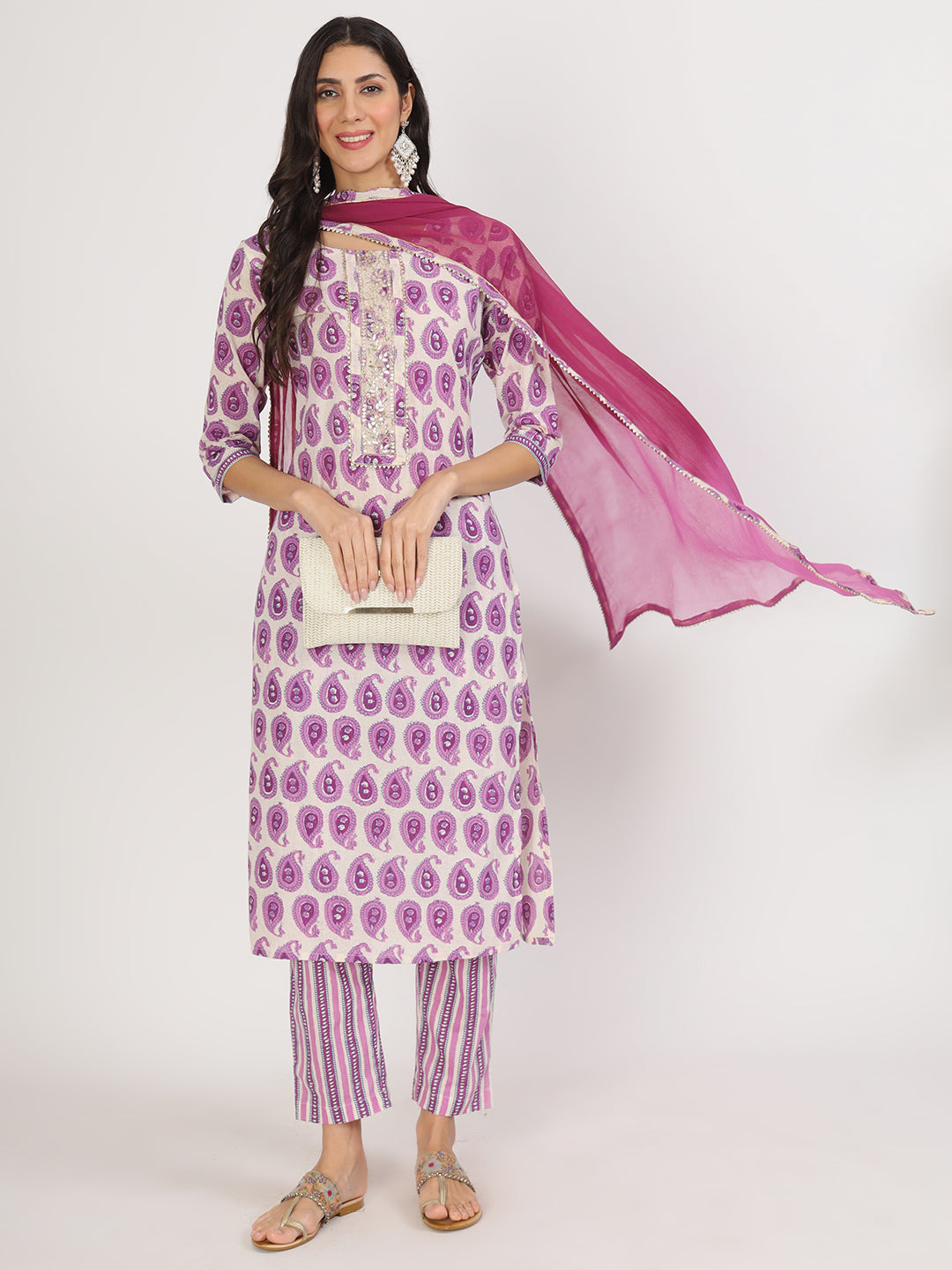 Purple Floral Printed Straight Kurta Pant Set