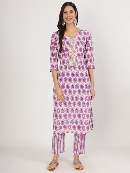 Purple Floral Printed Straight Kurta Pant Set
