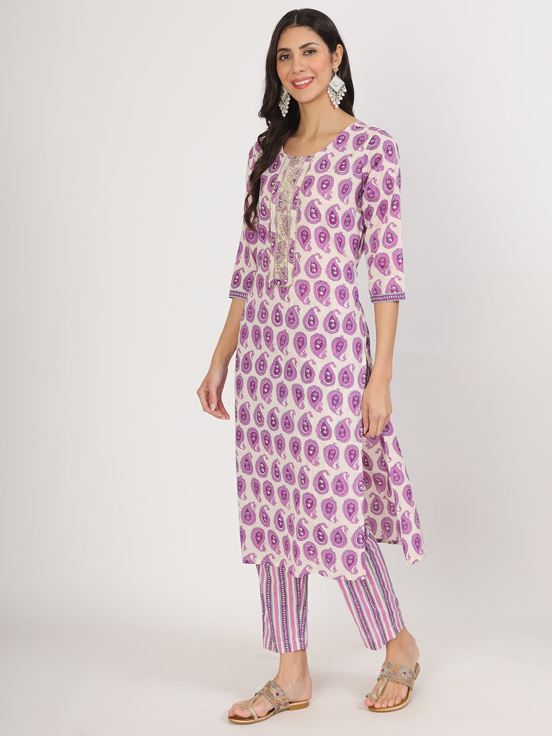 Purple Floral Printed Straight Kurta Pant Set
