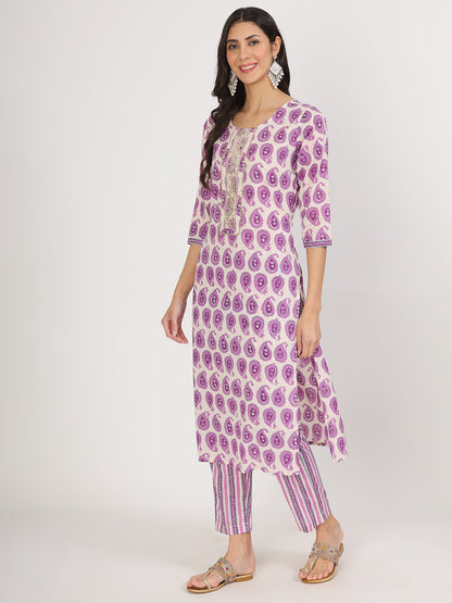 Purple Floral Printed Straight Kurta Pant Set