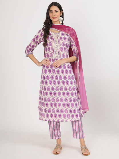 Purple Floral Printed Straight Kurta Pant Set