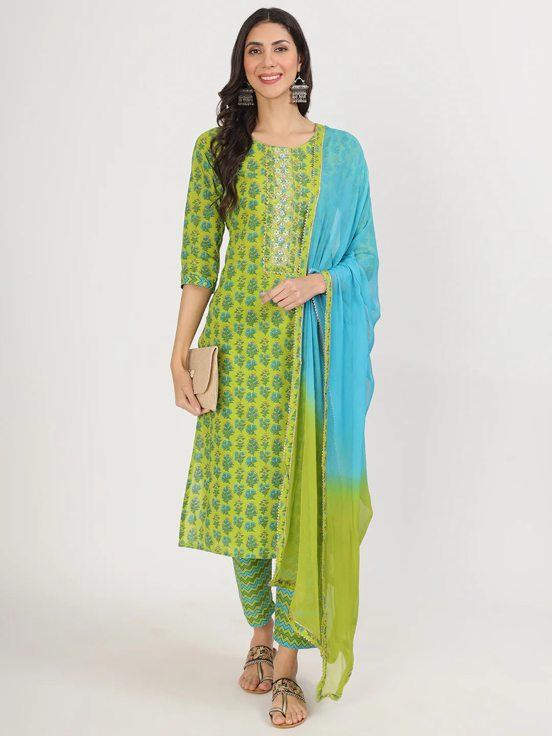 Cotton Green Ethnic Print Straight Kurta Set